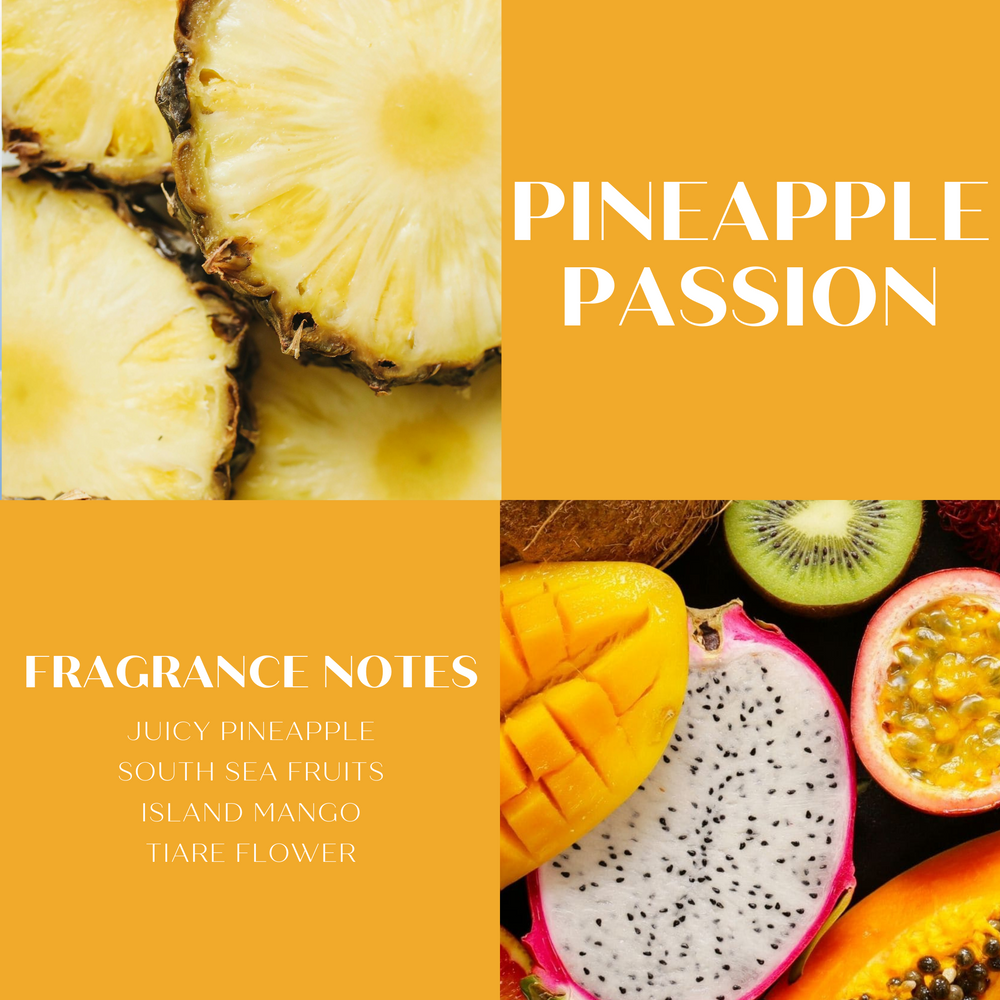 Collage of images and text to highlight to fragrance notes for ScentWoxx Pineapple Passion. First image show sliced pineapples. Second image is of text PINEAPPLE PASSION. Third image is of text Fragrance Notes with scent notes Juicy Pineapple, South Sea Fruits, Island Mango, and Tiare Flower listed.  Last image is various fruits like dragon fruit, mango, papaya and kiwi.