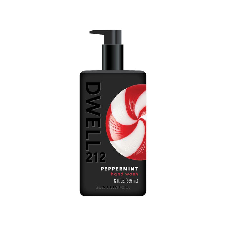 Dwell 212 PEPPERMINT hand wash, pump bottle, with peppermint swirl design on a white background