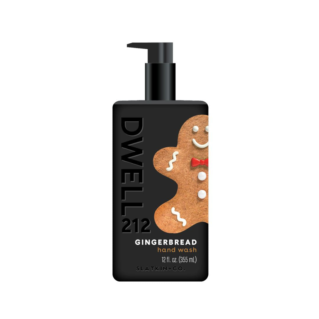 Dwell 212 Gingerbread hand wash, pump bottle, with gingerbread man design on a white background