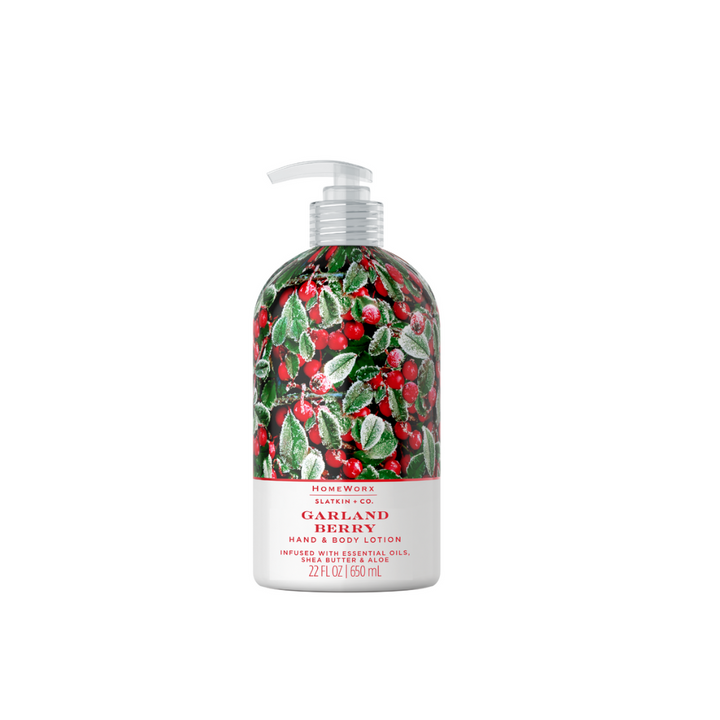Hand lotion bottle with holly berry design on a white background
