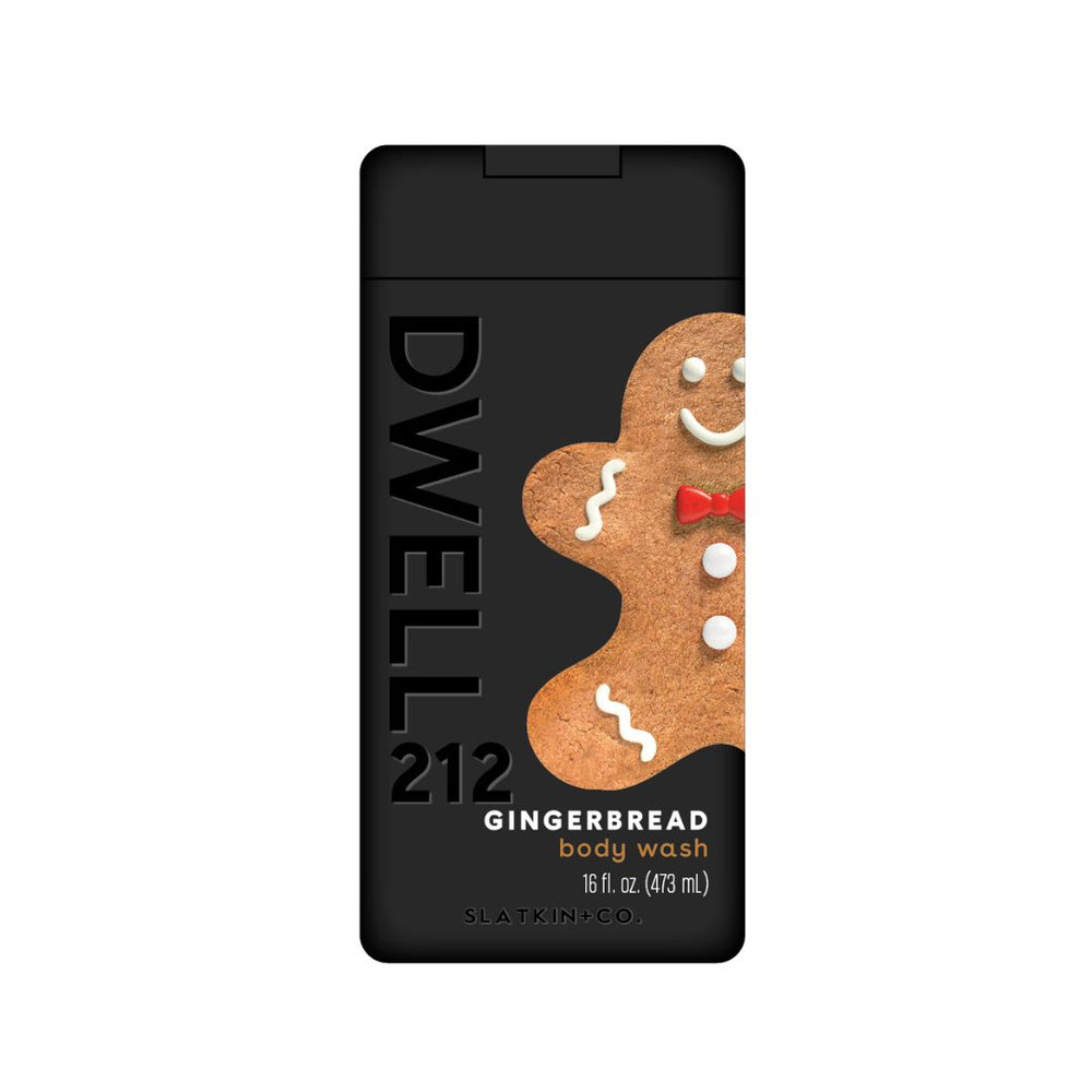 Dwell 212 Gingerbread body wash, flip top bottle, with gingerbread man design on a white background