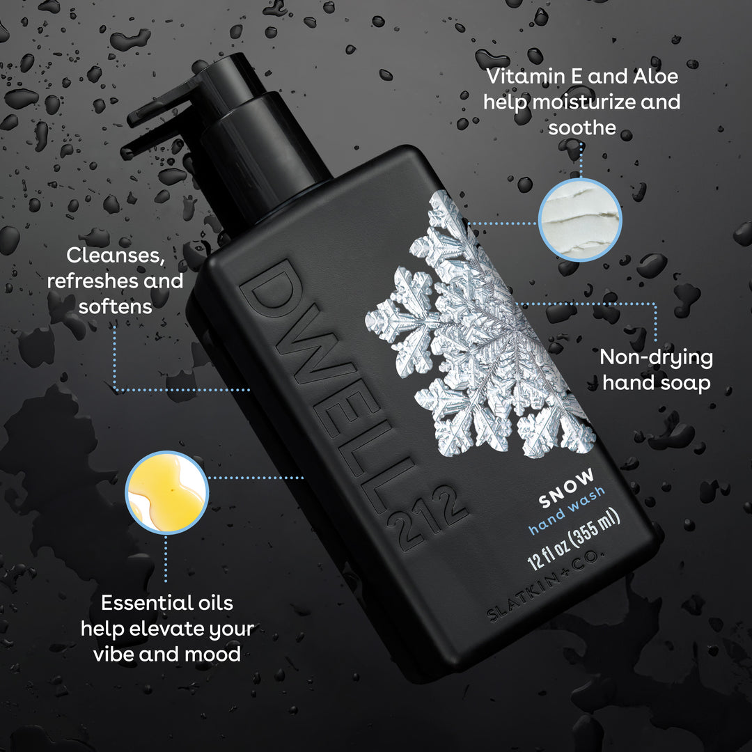 Black hand soap bottle with snowflake design on a dark background
List of Product callouts:
Vitamin E and Aloe help Moisturize and soothe
Cleanses, refreshes and softens
Non-drying hand soap
Essential oils help elevate your vibe and mood