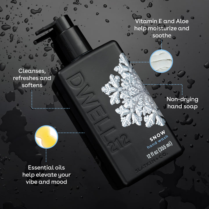 Black hand soap bottle with snowflake design on a dark background
List of Product callouts:
Vitamin E and Aloe help Moisturize and soothe
Cleanses, refreshes and softens
Non-drying hand soap
Essential oils help elevate your vibe and mood