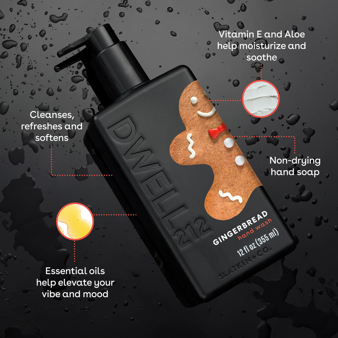 Black Dwell212 GINGERBREAD handy wash bottle with gingerbread man design on a dark background
List of Product callouts:
Vitamin E and Aloe help Moisturize and soothe
Non-drying hand soap
Essential oils help elevate your vibe and mood
Cleanses, refreshes and softens