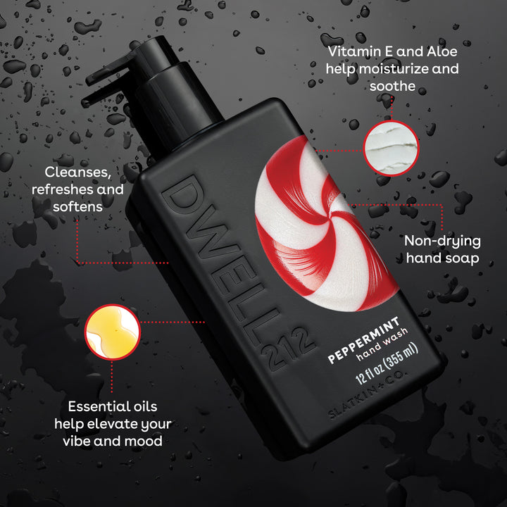 Black Dwell212 PEPPERMINT handy wash bottle with peppermint swirl design on a dark background
List of Product callouts:
Vitamin E and Aloe help Moisturize and soothe
Non-drying hand soap
Essential oils help elevate your vibe and mood
Cleanses, refreshes and softens